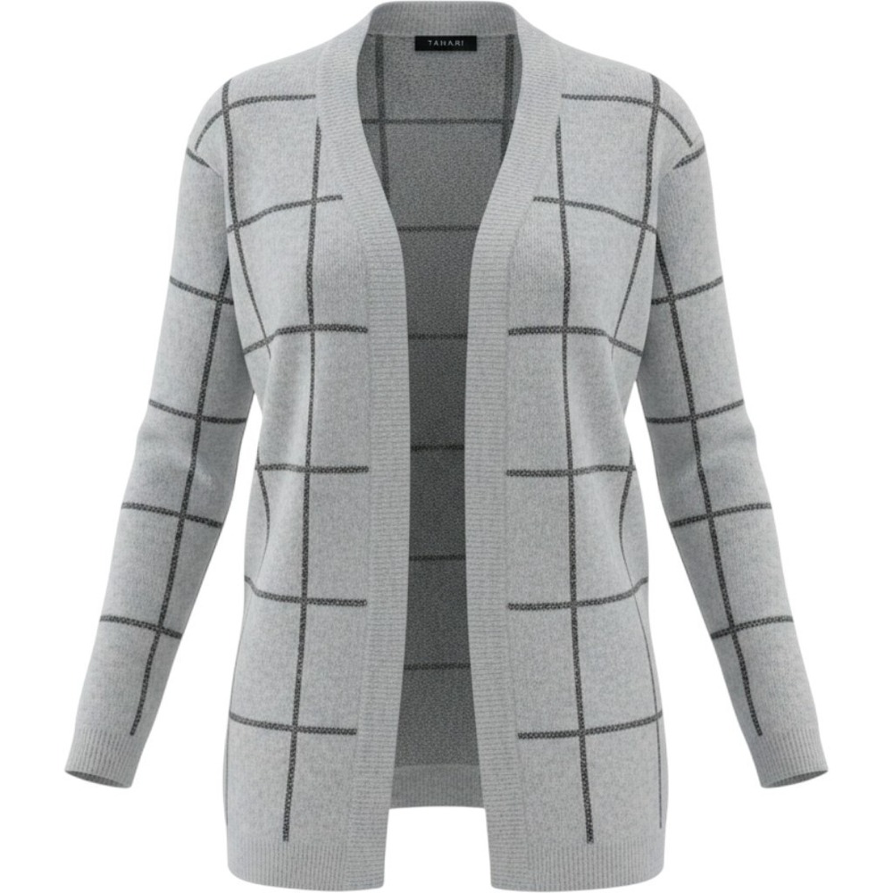 Tahari Cashmere Blend Windowpane Open Front Cardigan Sweater Gray Metallic SZ L